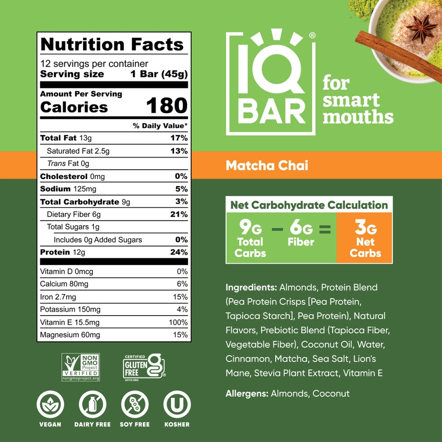 IQBAR Matcha Chai Keto Protein Bar